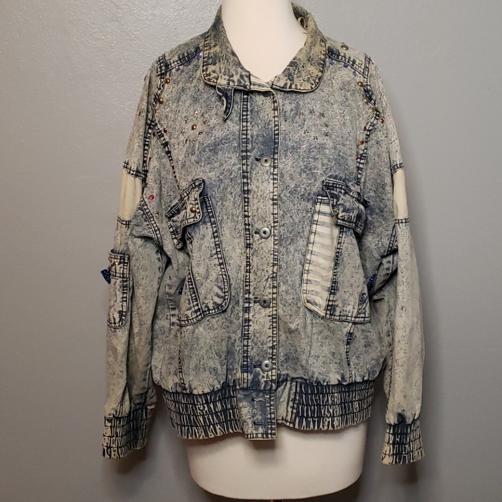 80's Acid Wash Distressed Denim Jacket Embellished Large Pan Asia